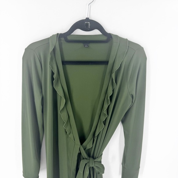 Ann Taylor Olive Green Ruffle Neck Wrap Dress Long Sleeve Stretch Jersey 4 - Picture 3 of 7